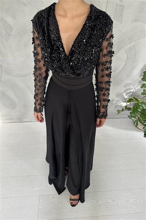 Wholesale Sleeves Tulle Skirt Jumpsuit - Black