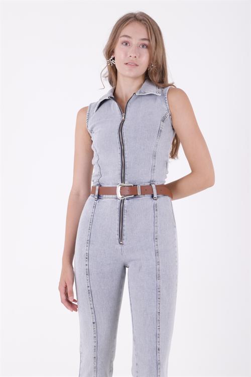 Kuplu Kolsuz Fermuarlı Kot Tulum 3013-08-(S-XL)