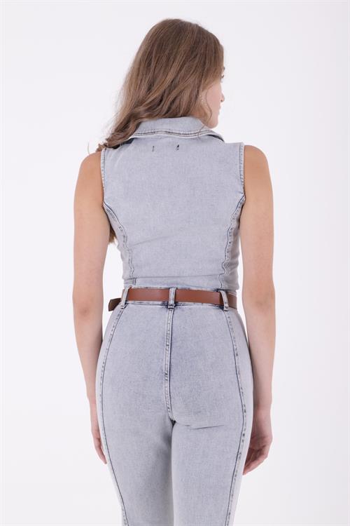 Kuplu Kolsuz Fermuarlı Kot Tulum 3013-08-(S-XL)