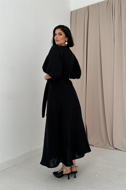 Toptan Siyah Kuşaklı Müslin Elbise