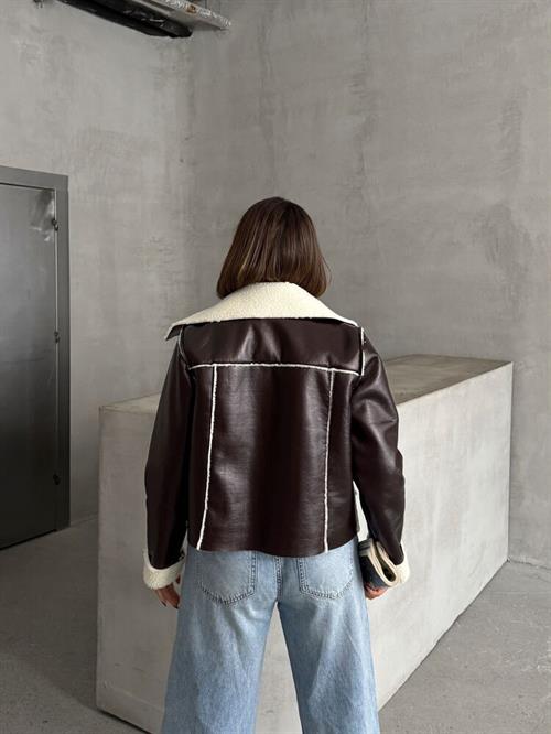 Laminated Leather Wholesale Coat with Zipper - Coffee Cream