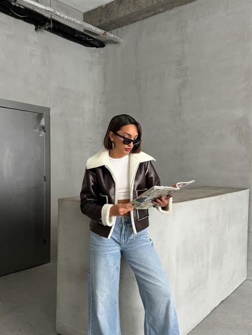 Laminated Leather Wholesale Coat with Zipper - Coffee Cream