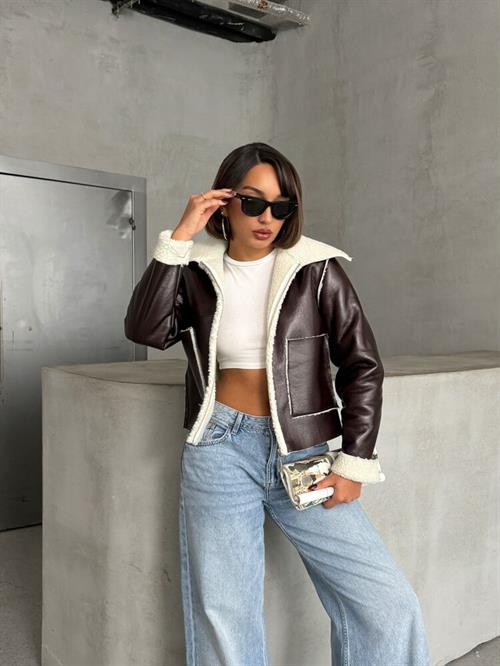 Laminated Leather Wholesale Coat with Zipper - Coffee Cream