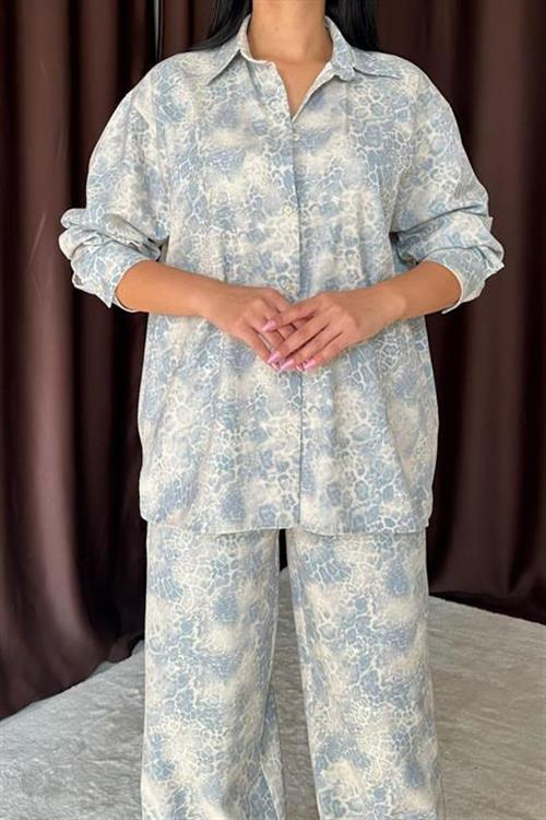 Wholesale Blue Leopard Print Shirt and Trousers Linen Suit