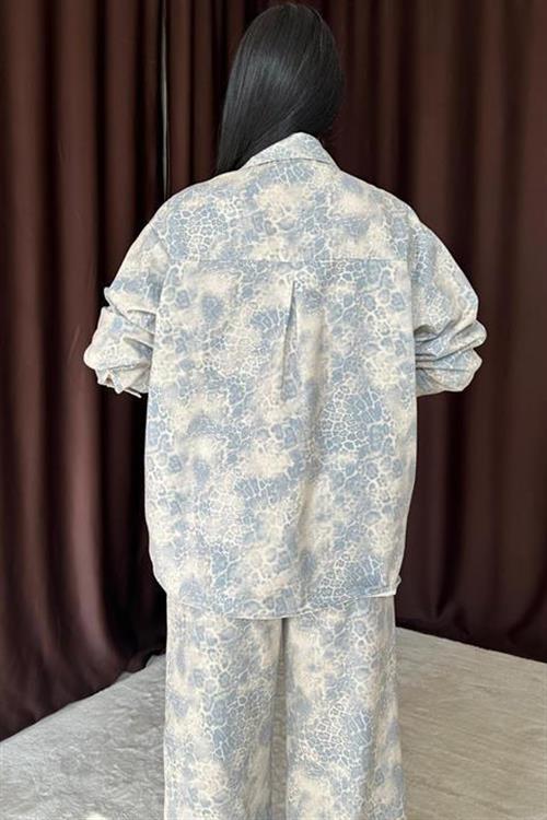 Wholesale Blue Leopard Print Shirt and Trousers Linen Suit