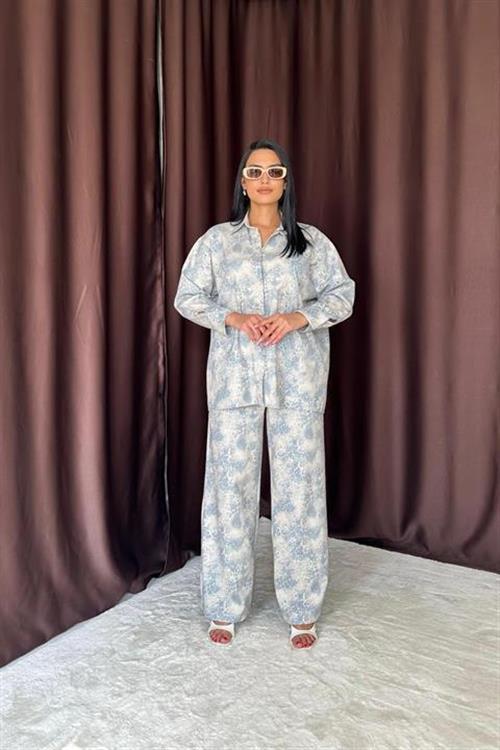Wholesale Blue Leopard Print Shirt and Trousers Linen Suit