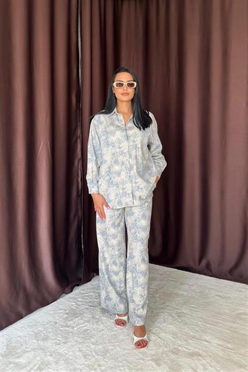 Wholesale Blue Leopard Print Shirt and Trousers Linen Suit