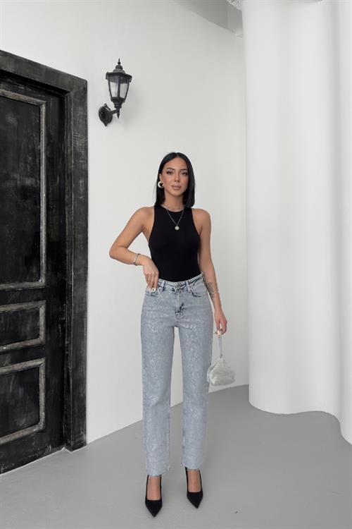 Leopar Taşlı Mom Fit Kot Pantolon 7089-08-(26-31)