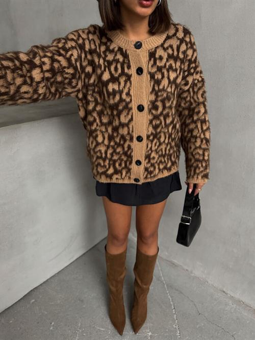 Leopar Triko Toptan Hırka | - Kahve