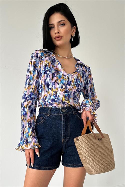 Wholesale Lilac Pleated Floral Print Shirt