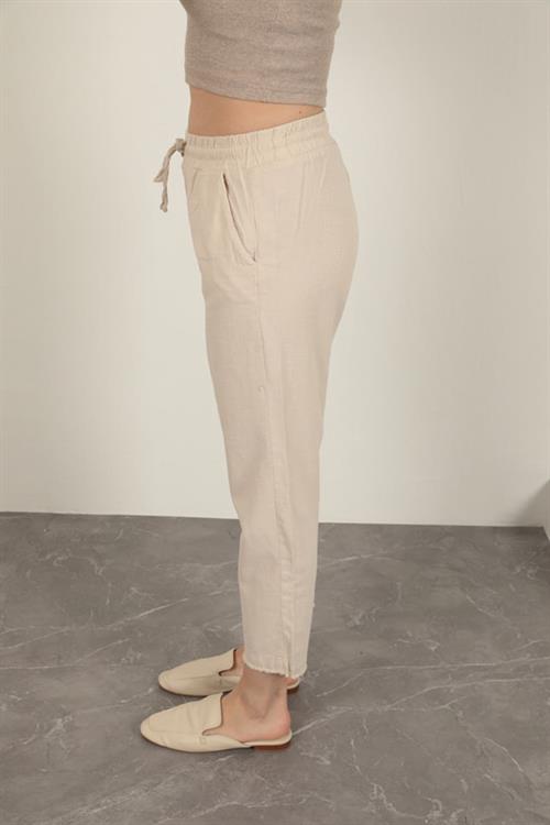 Linen Fabric Womens Trousers-Stone