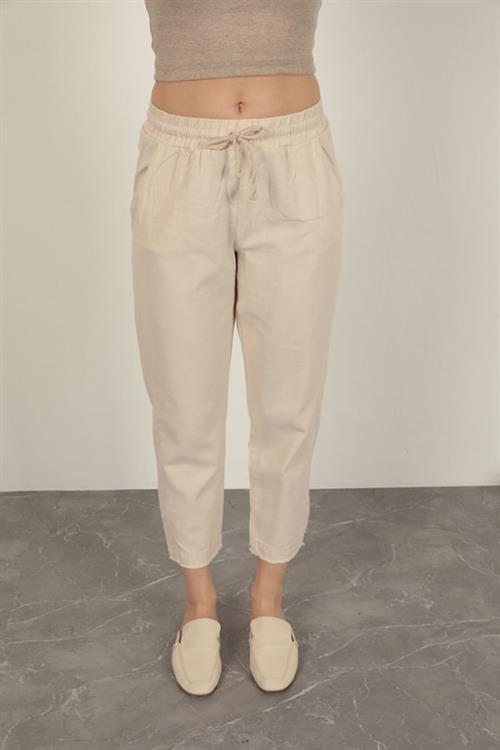 Linen Fabric Womens Trousers-Stone