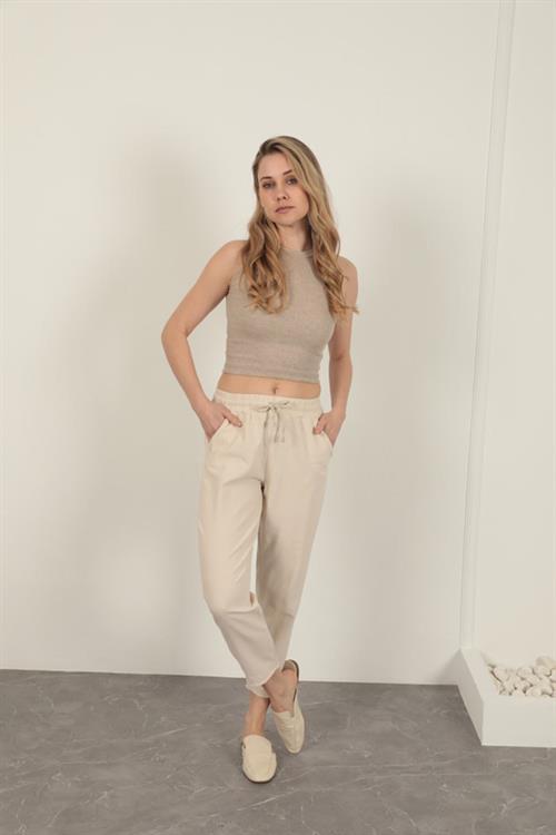 Linen Fabric Womens Trousers-Stone