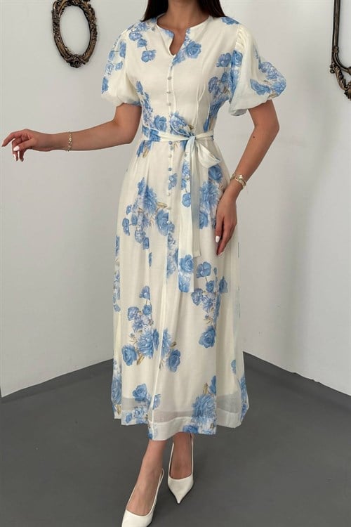 Wholesale Blue Lantern Sleeve Belted Dress