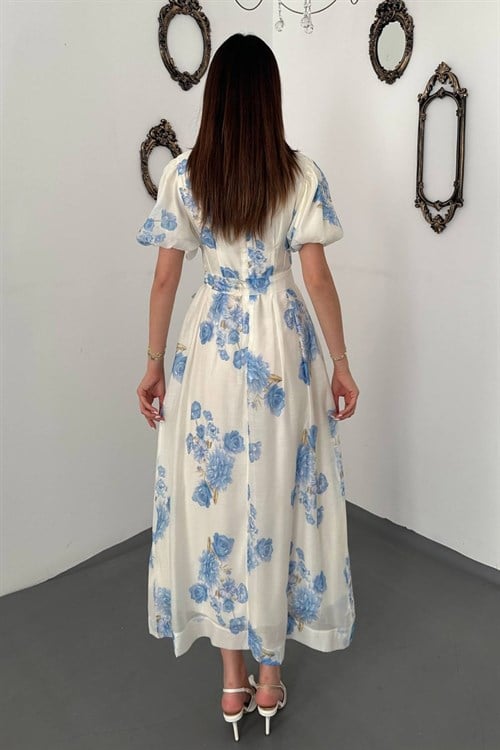 Wholesale Blue Lantern Sleeve Belted Dress