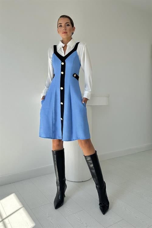 Wholesale Blue Black Strappy Dress with Decorative Pockets