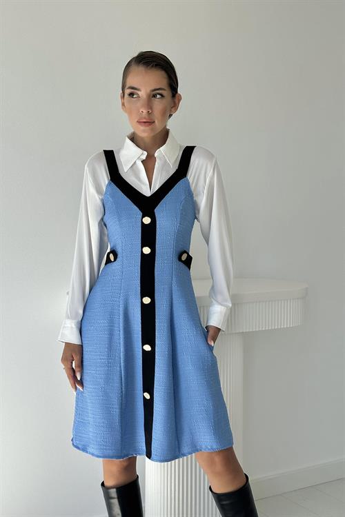 Wholesale Blue Black Strappy Dress with Decorative Pockets