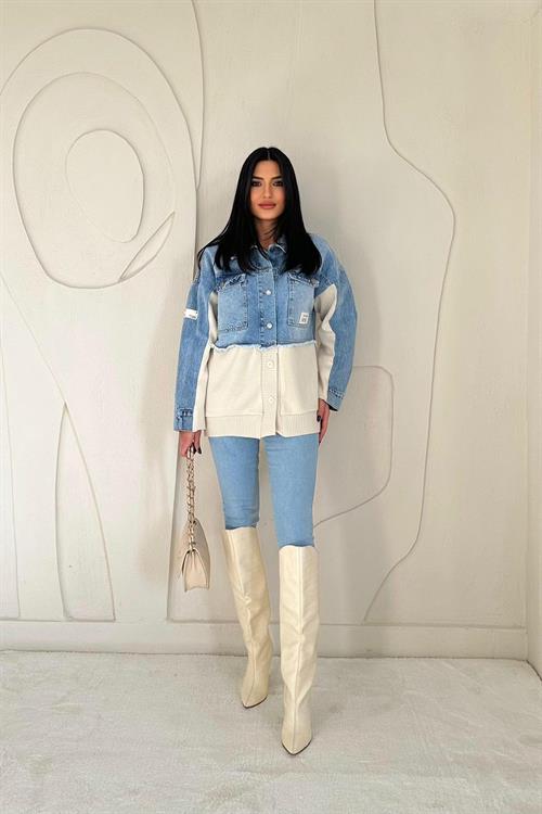 Blue Denim Jacket with Knitted Inserts