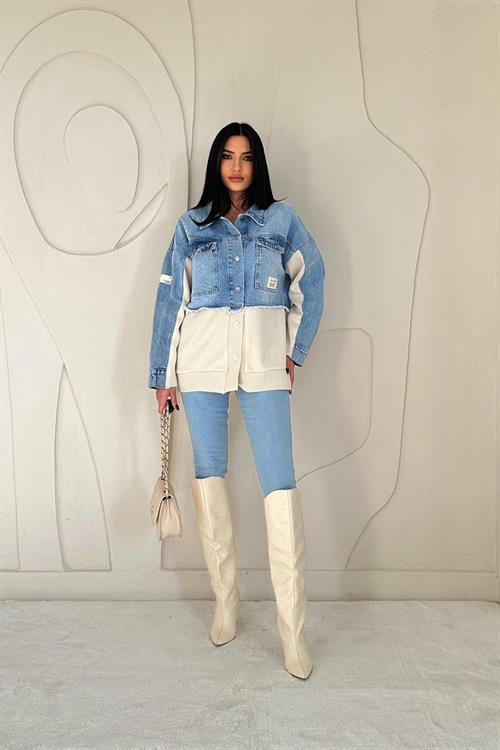 Blue Denim Jacket with Knitted Inserts