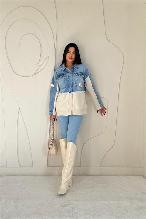 Blue Denim Jacket with Knitted Inserts