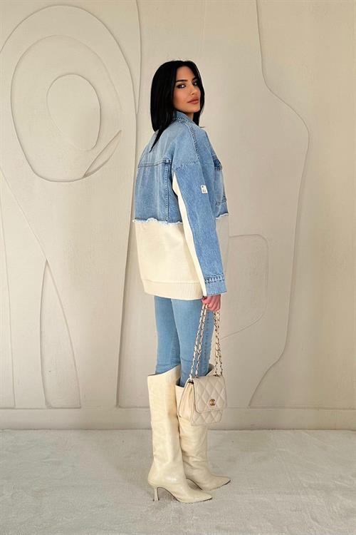 Blue Denim Jacket with Knitted Inserts