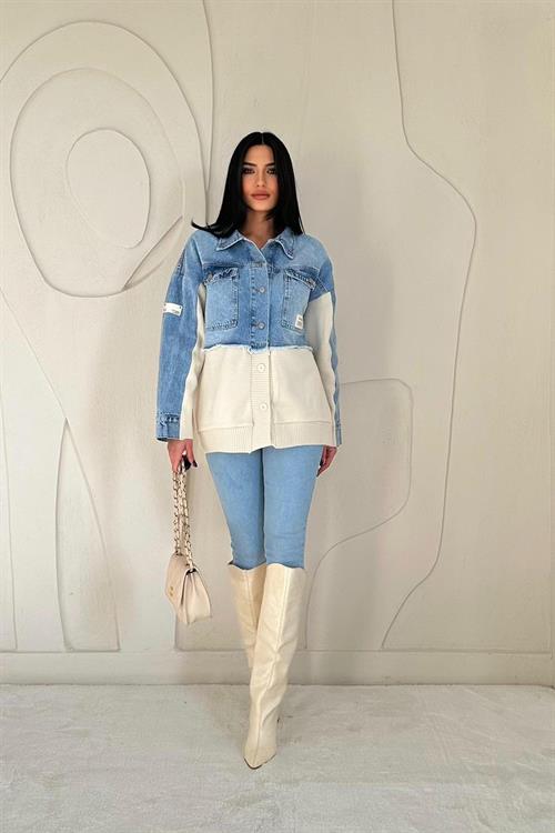 Blue Denim Jacket with Knitted Inserts