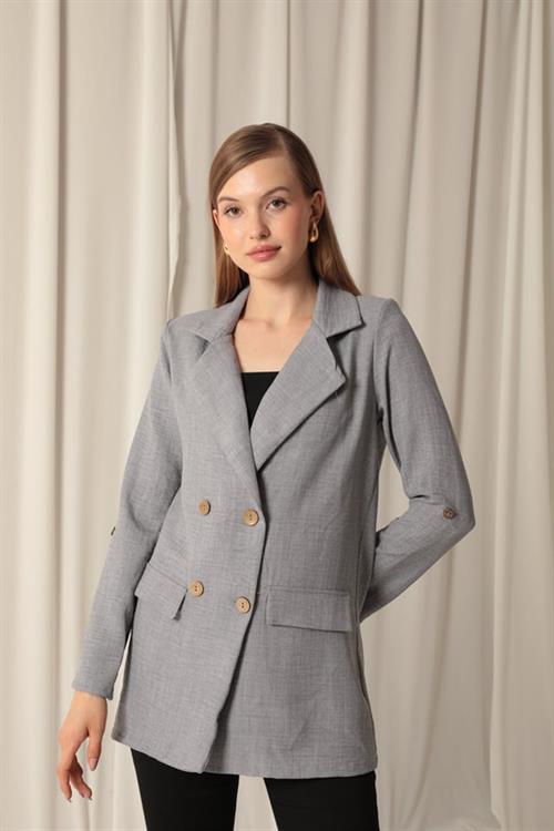 Wholesale Melange Linen Fabric Womens Gray Jacket