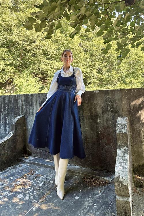 Toptan Mavi Midi Boy Bantlı Kot Elbise