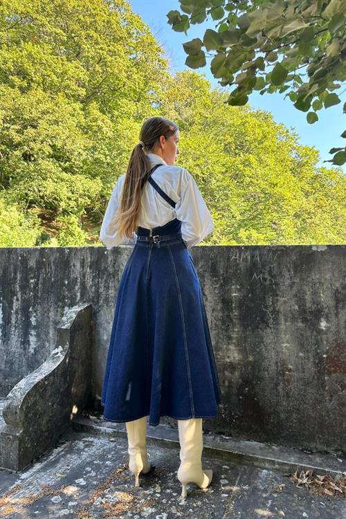 Toptan Mavi Midi Boy Bantlı Kot Elbise