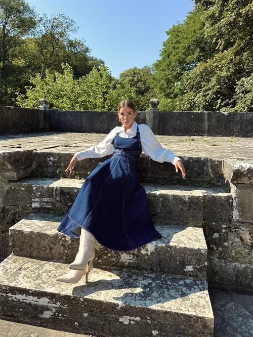 Toptan Mavi Midi Boy Bantlı Kot Elbise