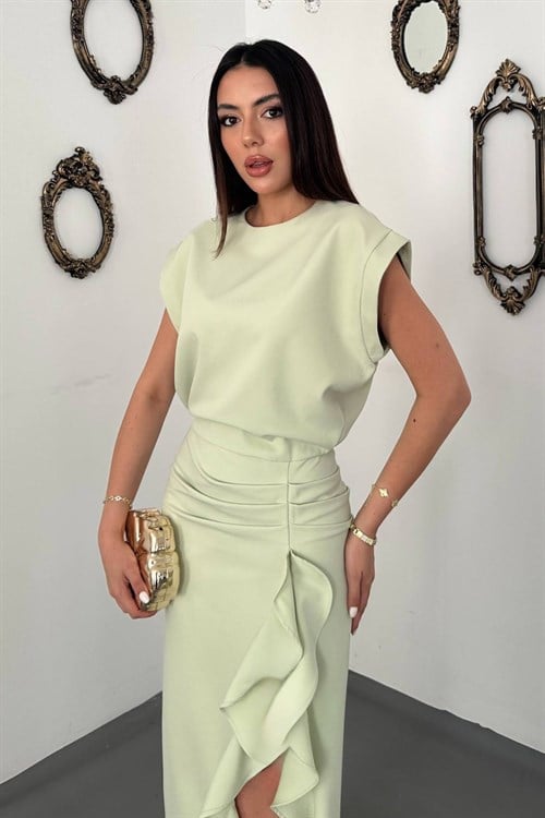 Wholesale Mint Dress with Wavy Front Slit