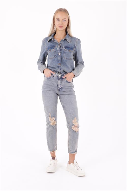 Wholesale Laser-Cut Seamless High-Waisted Mom Fit Denim Pants - Dark-Tinted Denim