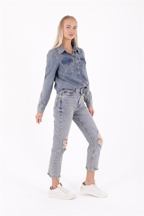Wholesale Laser-Cut Seamless High-Waisted Mom Fit Denim Pants - Dark-Tinted Denim
