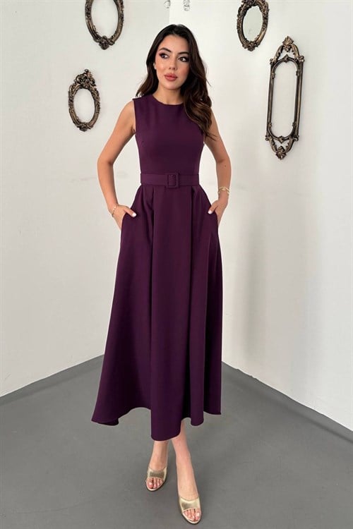 Mürdüm Halter Yaka Kloş Elbise