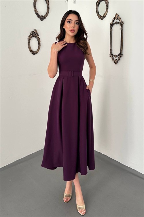 Mürdüm Halter Yaka Kloş Elbise