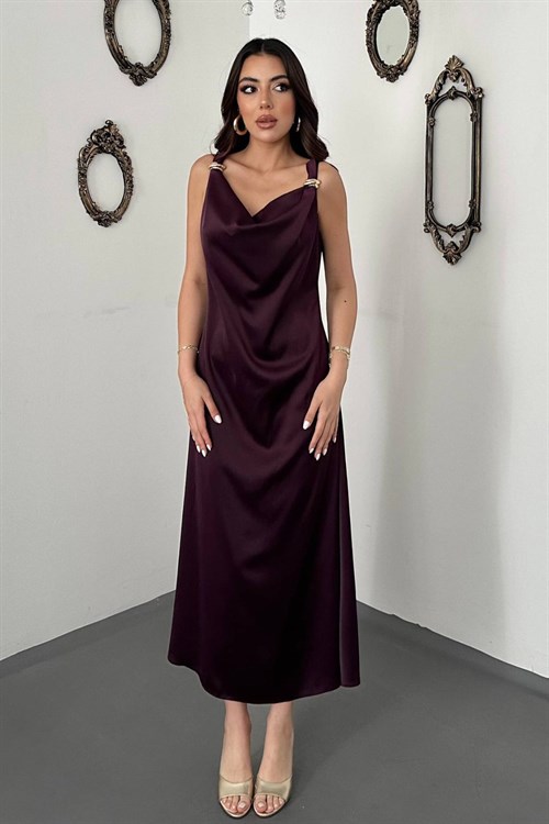Wholesale Plum Satin Cowl-Neck Dress with Buckled Shoulders