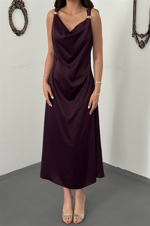 Wholesale Plum Satin Cowl-Neck Dress with Buckled Shoulders