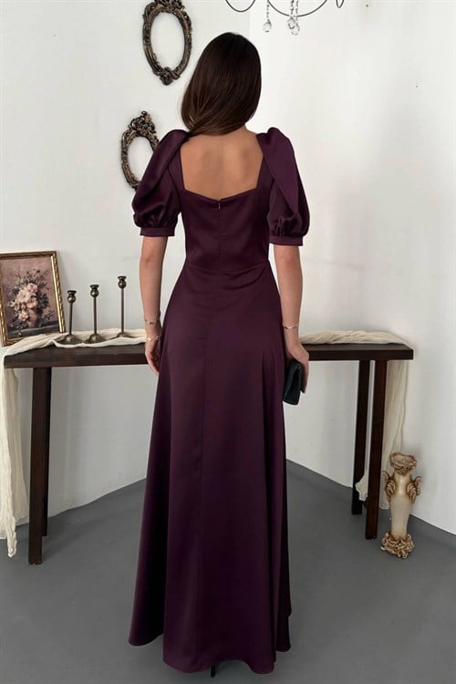 Wholesale Plum Satin Dress with Front Slit