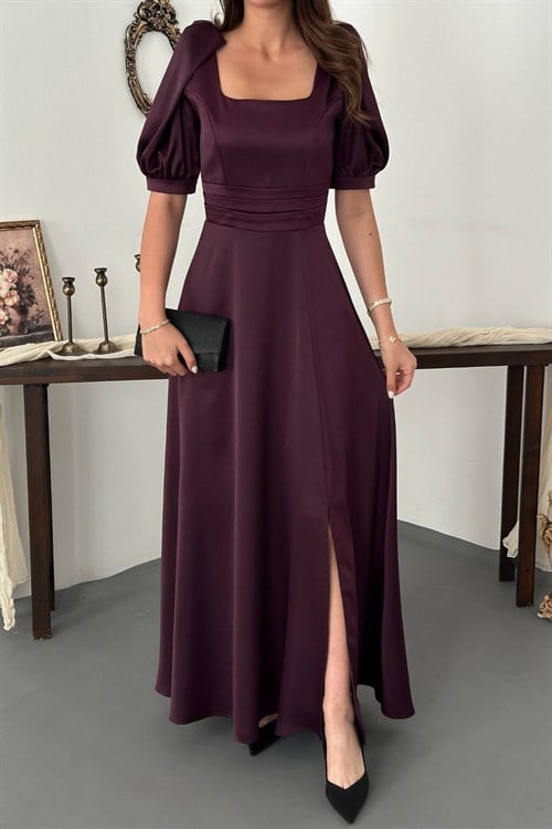 Wholesale Plum Satin Dress with Front Slit