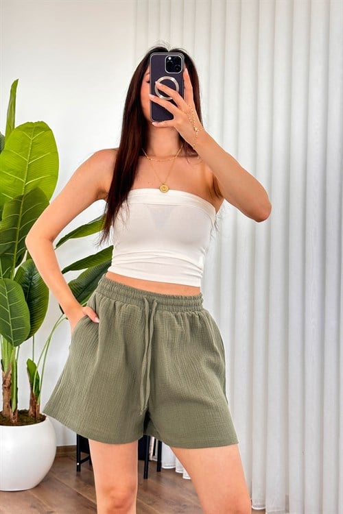 Müslin Cepli Kısa Model Toptan Haki Şort