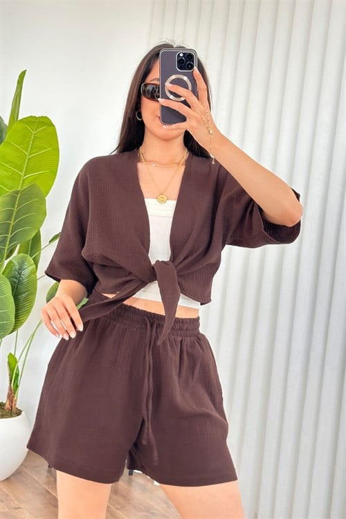 Müslin Cepli Kısa Model Toptan Kahve Şort