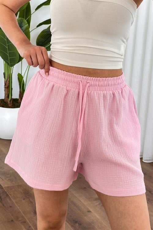 Müslin Cepli Kısa Model Toptan Pembe Şort