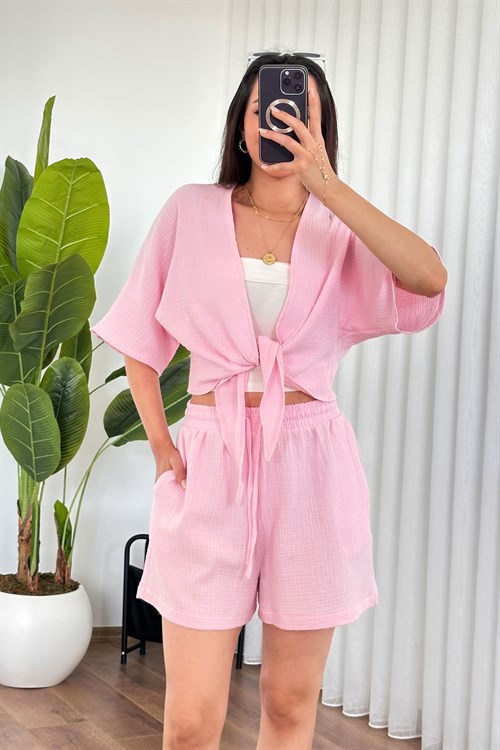 Müslin Cepli Kısa Model Toptan Pembe Şort