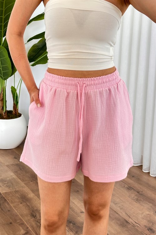 Müslin Cepli Kısa Model Toptan Pembe Şort