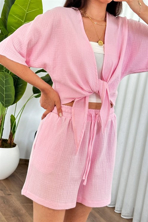 Müslin Cepli Kısa Model Toptan Pembe Şort
