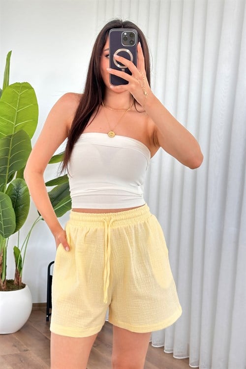 Müslin Cepli Kısa Model Toptan Sarı Şort