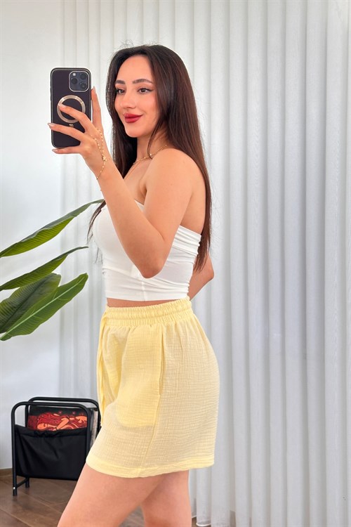 Müslin Cepli Kısa Model Toptan Sarı Şort