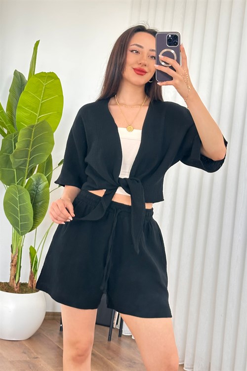 Müslin Cepli Kısa Model Toptan Siyah Şort