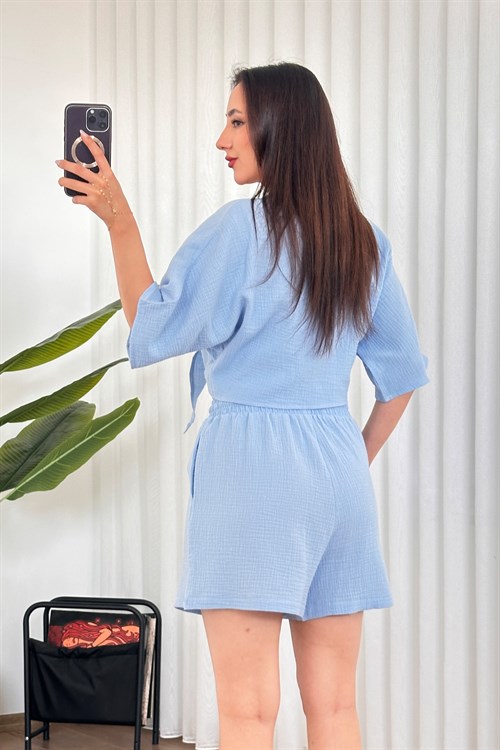 Müslin Önden Bağlamalı Kısa Model Toptan Bebe Mavisi Kimono