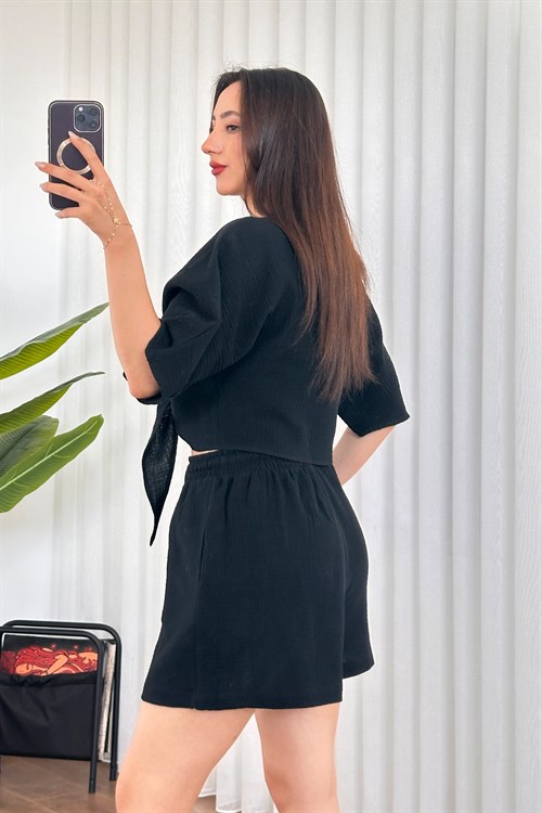 Müslin Önden Bağlamalı Kısa Model Toptan Siyah Kimono